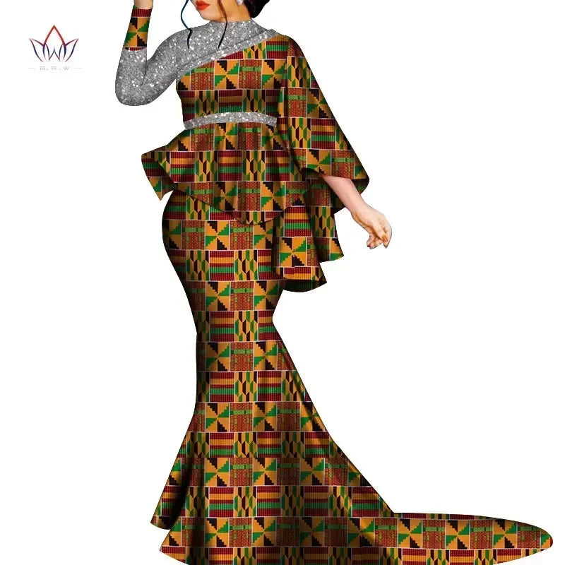Women’s Ankara Print Bazin Riche 2-Piece Set – Sequin Bat Sleeve Top & Long Skirt | Dashiki | Party & Wedding | XS–6XL | 12 Prints