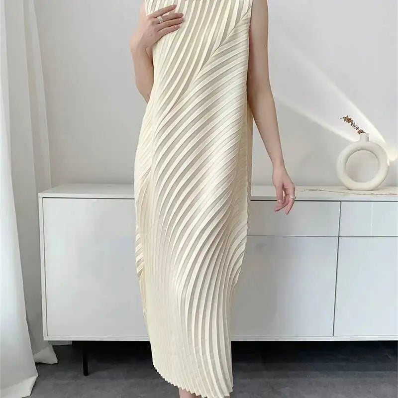 LANMREM Handmade Pleated Women's Sleeveless Summer Dress Wave Pattern Irregular Loose O-neck Mid-Length Pleated Dresses 2DB4814