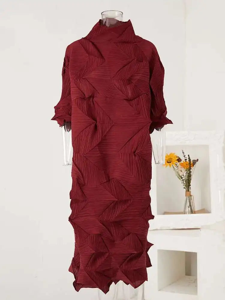 Women's Pleated Turtleneck A-Line Maxi Dress | Vintage Loose Fold Petal Sleeve | Spring 2025 | AvantBah
