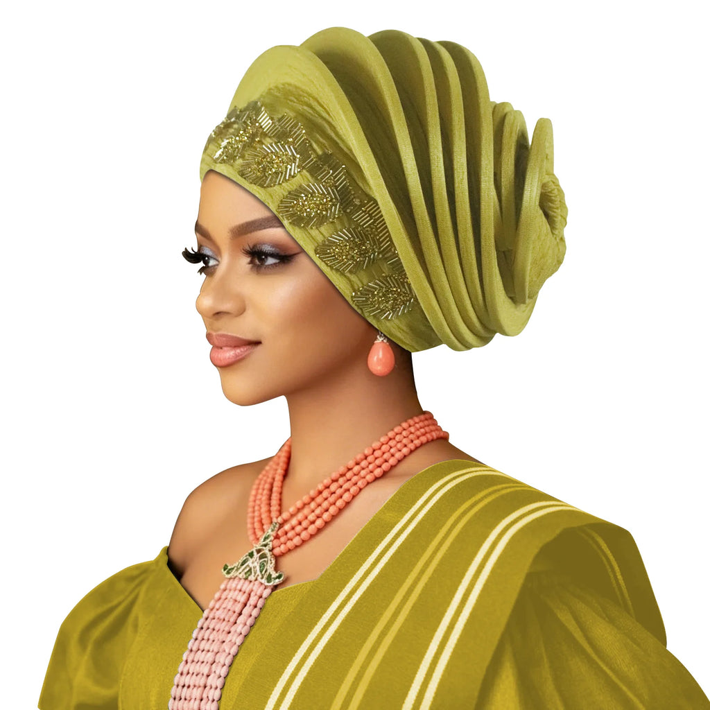 Pre-Made African Diamond Auto Gele | Nigerian Wedding Headtie Turban Cap & Head Wrap | AvantBah