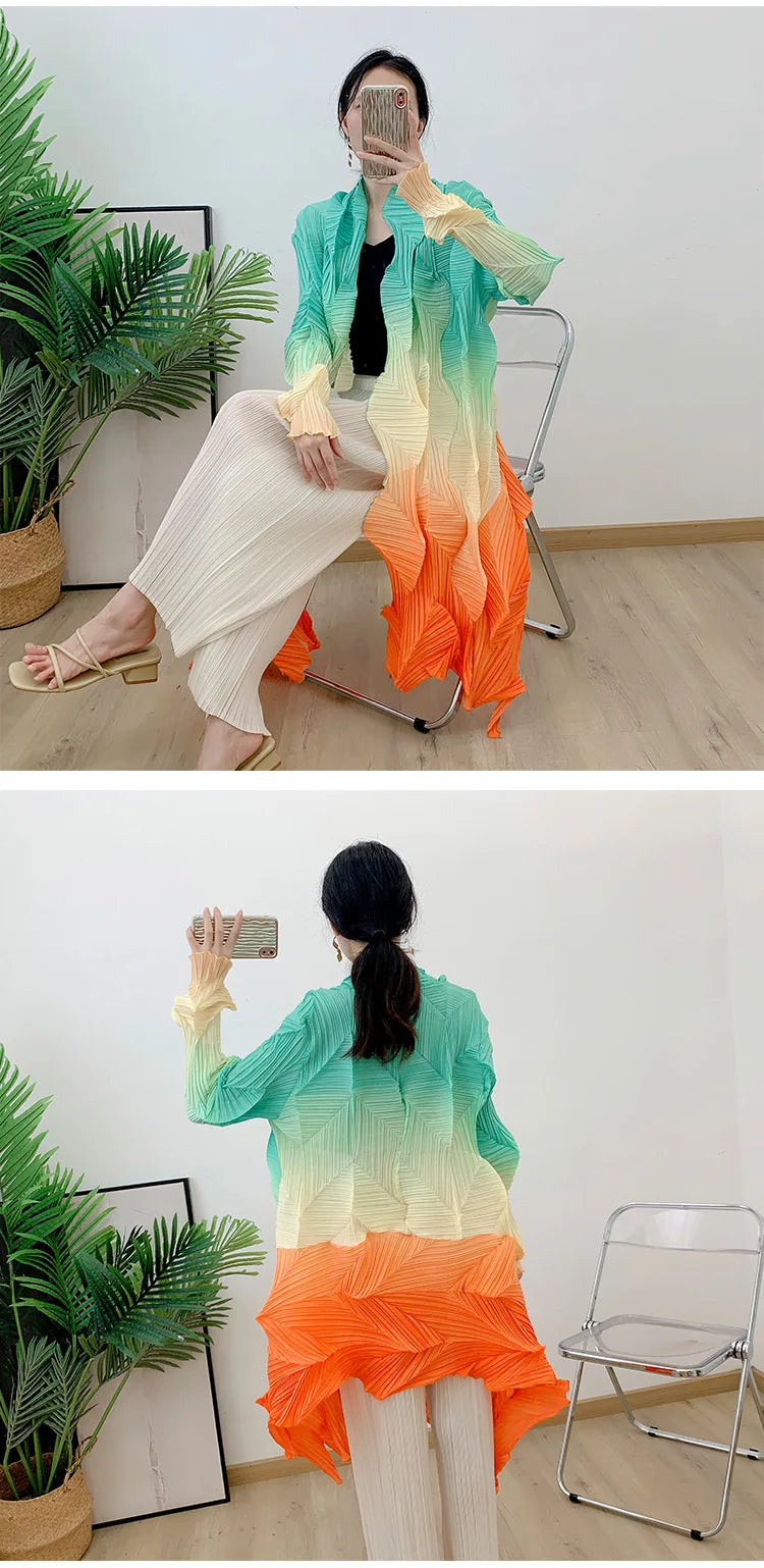 Women's Miyake Pleated Gradient Cardigan Cape Jacket | Loose Mid-Length Autumn Coat 2025 | AvantBah