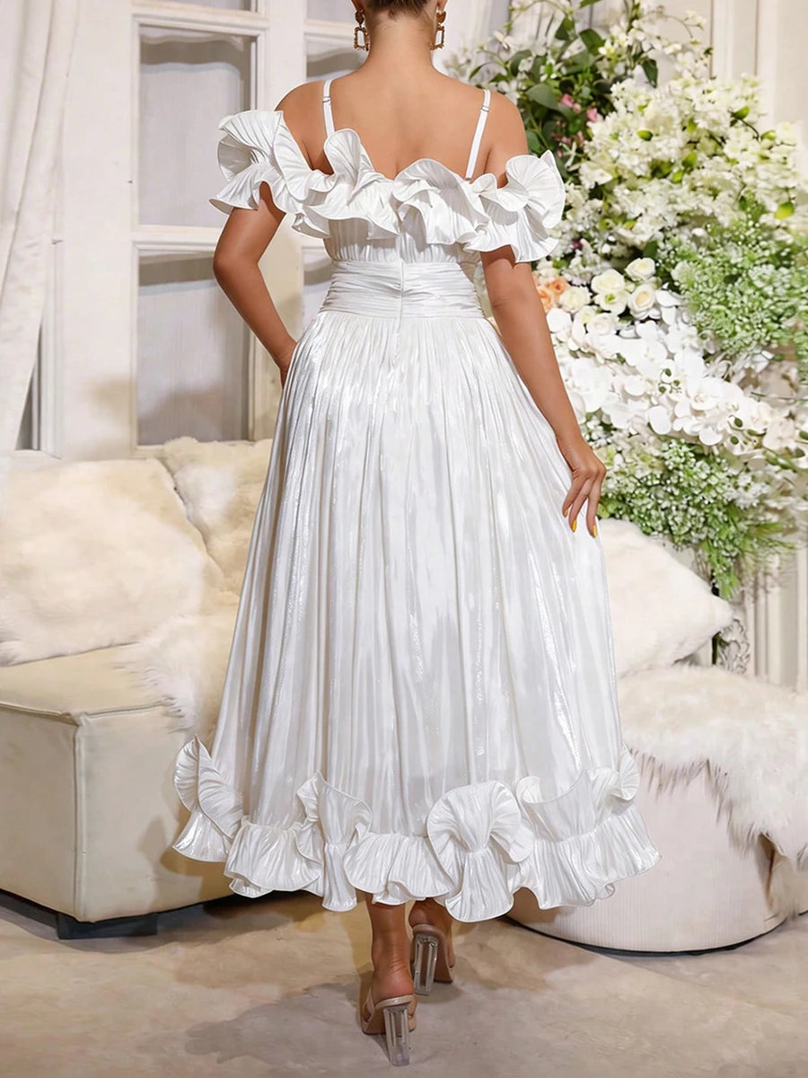 VGH Elegant Off Shoulder Ruffle Midi Maxi Dress for Women Shiny Pleated Waistband Back Zipper for Formal Prom Evening Party Gown