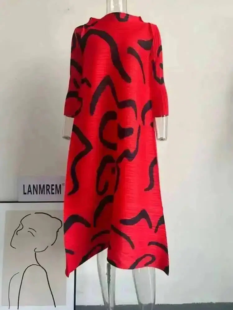 LANMREM Color Block Pleated Dress Women Loose Style Long Length Fashion Dresses Festival Clothes 2024 Spring Summer New 2DA1028