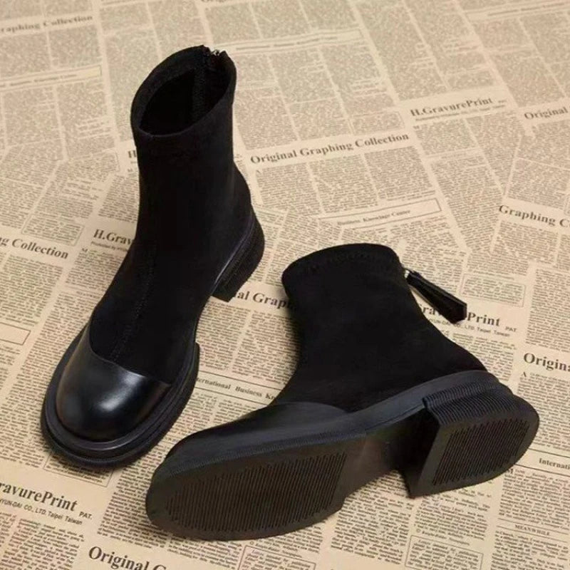 Women Patchwork Suede Ankle Boots Back Zipper Chunky Platform Heel Short Boots Fashion Autumn Winter Botas Mujer