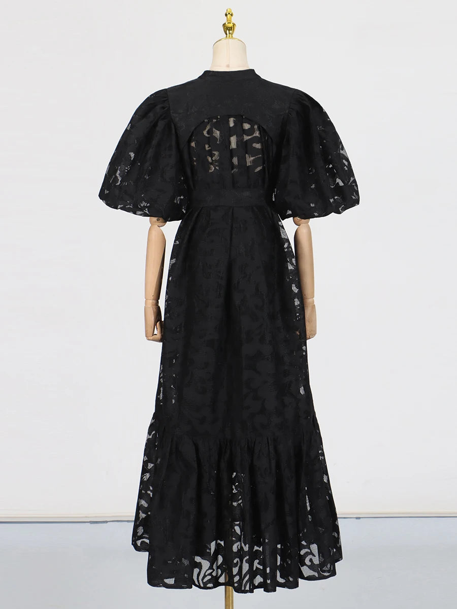 VGH Fashion Patchwork Bow Mesh Dresses for Women Round Neck Long Sleeve Spliced Embroidery Temperament Dress Female Clothing New