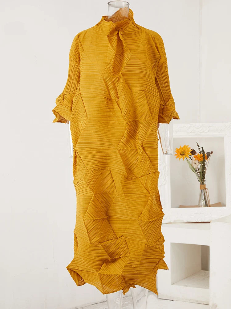 Women's Pleated Turtleneck A-Line Maxi Dress | Vintage Loose Fold Petal Sleeve | Spring 2025 | AvantBah