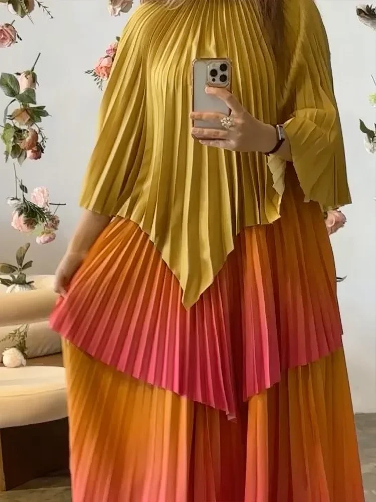 Women's Gradient Pleated Two-Piece Set | Irregular Top & High-Waist A-Line Skirt | Plus Size | AvantBah