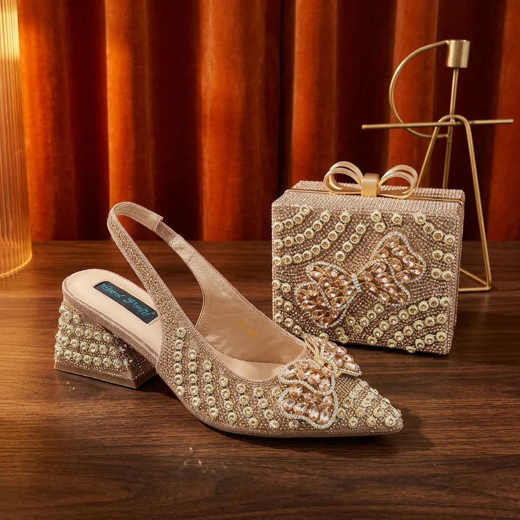 2026 New Arrival Italian-Inspired Champange Rhinestone Pointed Toe Women’s High Heels with Matching Handbag Set Elegant Wedding