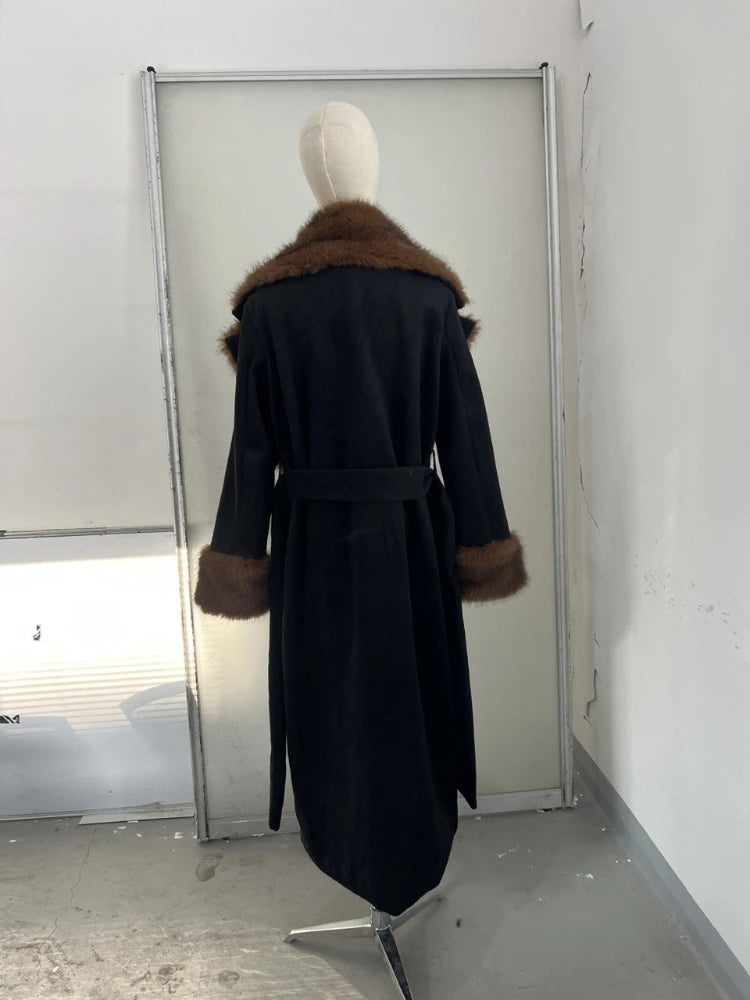 2026 Woman Vintage Faux Fur Woolen Long Luxury Overcoat Chic Full Sleeve V-neck Lace Up Loose Coat New Lady Commute Warm Outwear