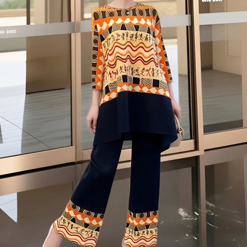 LANMREM Blue Green Tie-Dye Print Women's Two-piece Set Three-quarter Sleeves A-line Top Wide Leg Pants 2026 Spring New 2DB7115