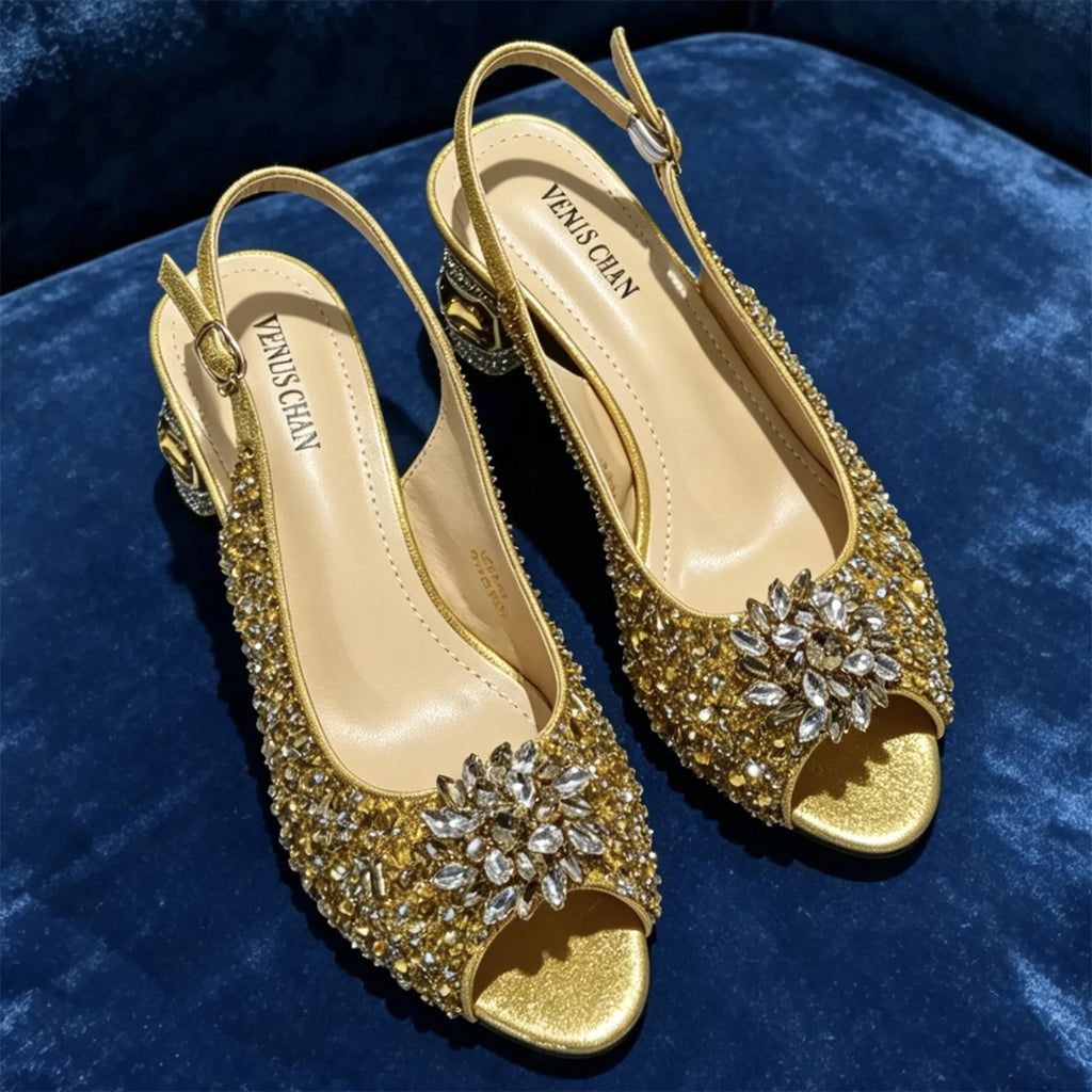 Sky Gold Elegant Nigerian Rhinestone Wedding Shoe and Bag Set Italian Inspired High Heels and Matching Handbag