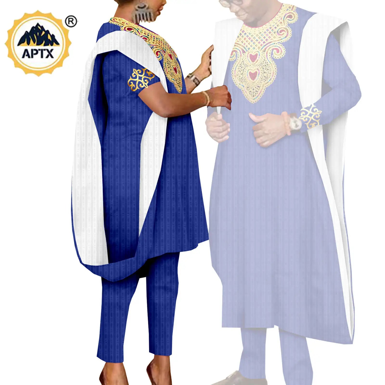 African 3 Pieces Suit for Men Matching Couple Outfits Agbada Dashiki Women Muslim Sets Bazin Riche Applique Robes Asoebi Y23C029