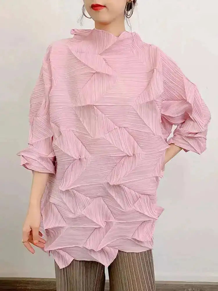 Women's Pleated Stand Collar Top | Loose Solid Colour Chic T-Shirt | Spring Summer 2026 | AvantBah