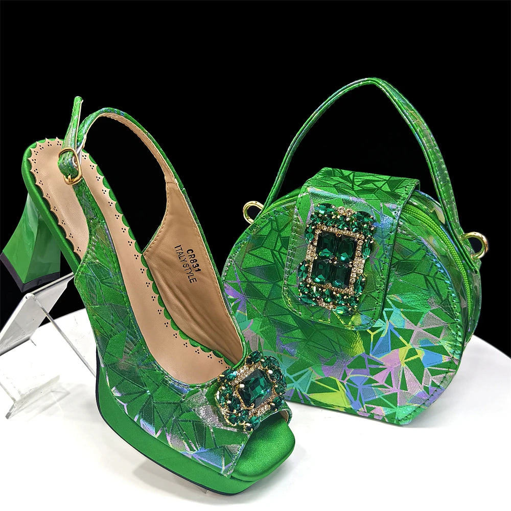 Elegant Women Heels for Peep Toe Good Material Design Rhinestone Fuchsia Sandals Italian Shoes and Bags