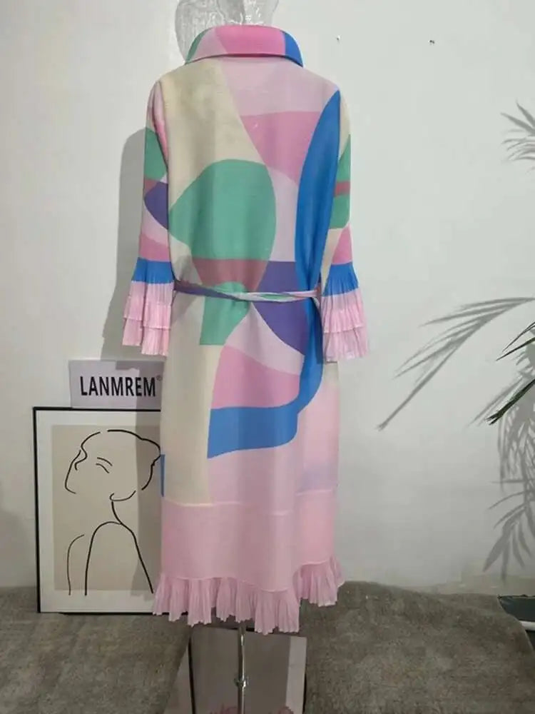 LANMREM Maxi Pleated Dress For Women Lapel Single Breasted Long Sleeves Color Block Tassel Hem Loose Chic Clothing Autumn 2R5928