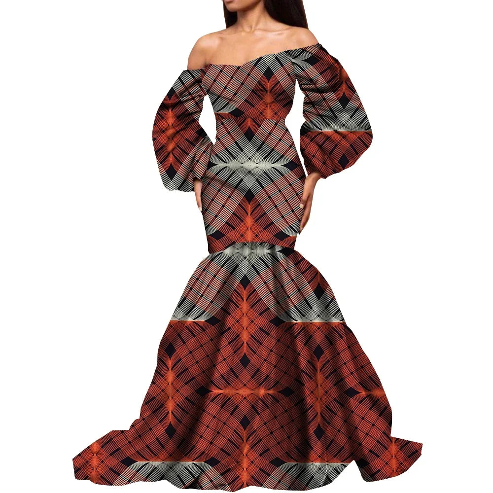 Dashiki African Dresses for Women Daily Party Wedding African Women Dresses Floor-Length Long Puff Sleeve Bandeau Dress Kg1092