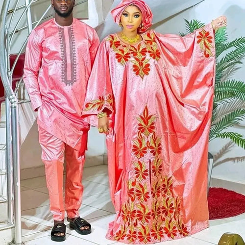 African Couples Matching Dashiki Outfit Set – Bazin Embroidery | Women's Dress & Headscarf or Men's 3-Piece | Sizes L–4XL