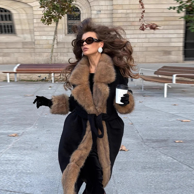 2026 Woman Vintage Faux Fur Woolen Long Luxury Overcoat Chic Full Sleeve V-neck Lace Up Loose Coat New Lady Commute Warm Outwear