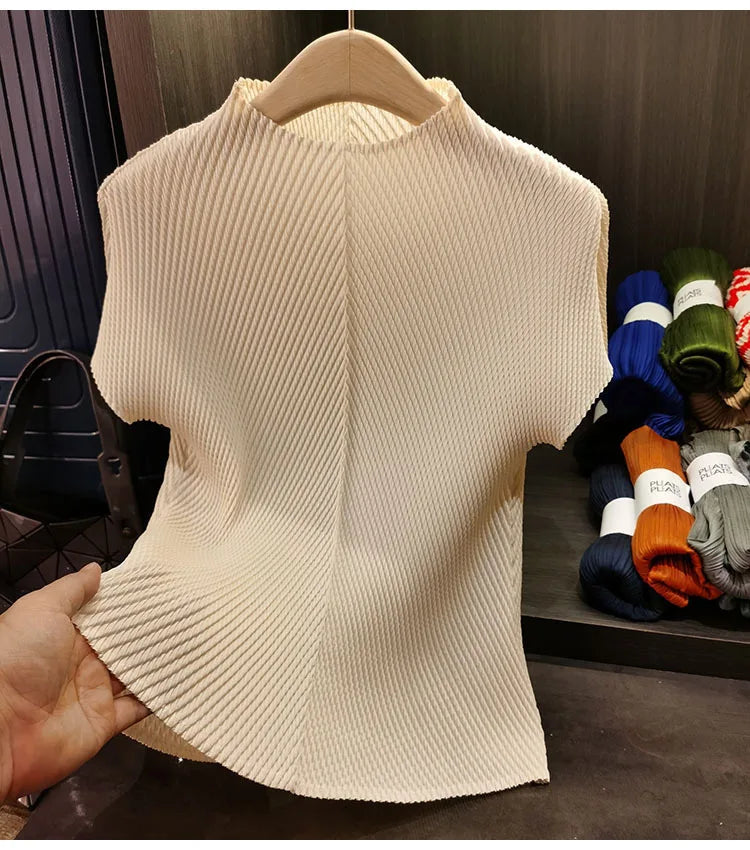 LANMREM Stand Collar Dragon Scale Pleated T-shirt High-end Versatile Slimming Short Sleeved Women's Summer Pullover Tops 2DB3044