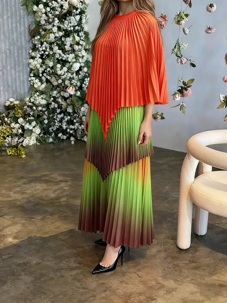 Women's Gradient Pleated Two-Piece Set | Irregular Top & High-Waist A-Line Skirt | Plus Size | AvantBah