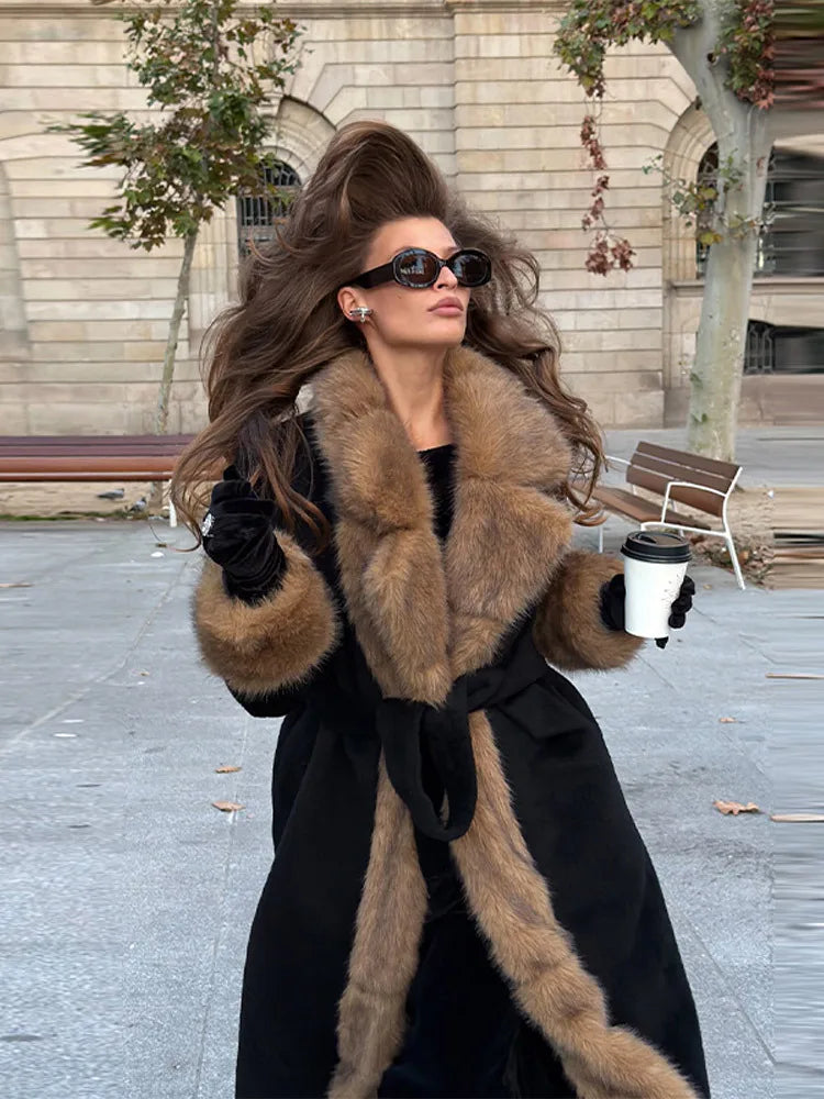 2026 Woman Vintage Faux Fur Woolen Long Luxury Overcoat Chic Full Sleeve V-neck Lace Up Loose Coat New Lady Commute Warm Outwear