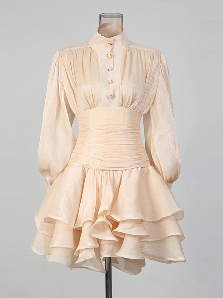 VGH Elegant Pink High Neck Organza Fabric Mini Dresses for Women Puff Sleevs Ruched Waist Tiered Ruffles for Cocktail Parties