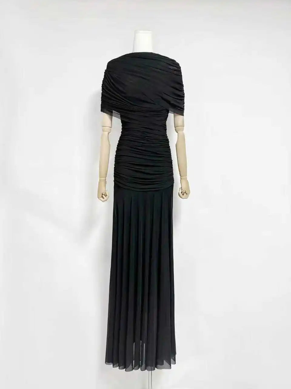 VGH Luxury Galas Event Black Sheer Mesh Ruched Maxi Dress for Women O Neck Short Sleeves Bodycon Silhouette Skirt for Red Carpet