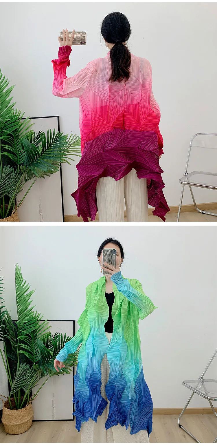 Women's Miyake Pleated Gradient Cardigan Cape Jacket | Loose Mid-Length Autumn Coat 2025 | AvantBah