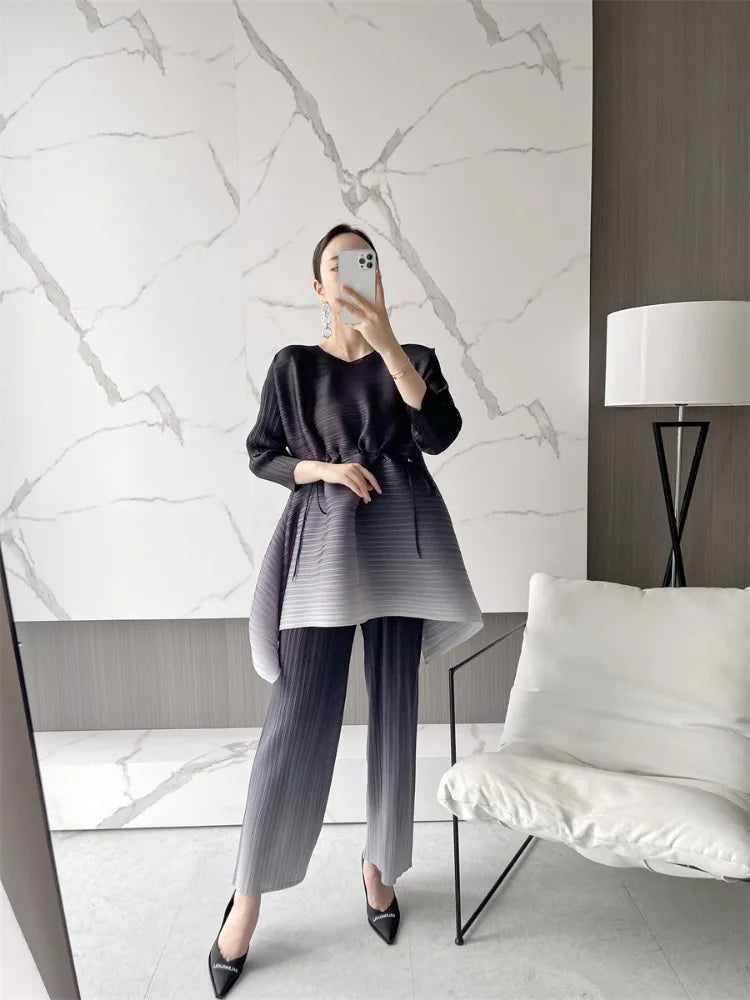EGRM Gradient Pleated Set Drawstring Slim Full Sleeved Top and High Waisted Wide Leg Pants 2 Piece Sets for Women 2023 New 8RM91