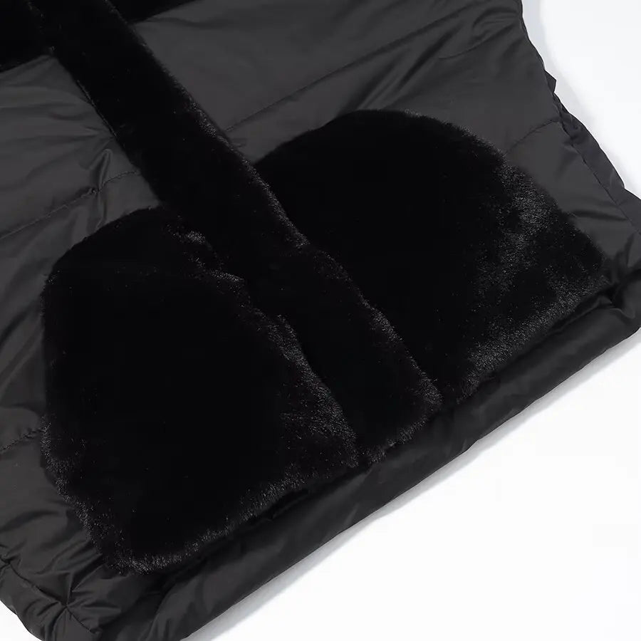 Women Fashion Hooded Patchwork Faux Fur Coat Knitted Sleeve Drop Shoulder Oversize Cotton Coats Autumn Winter 2026 Street Jacket