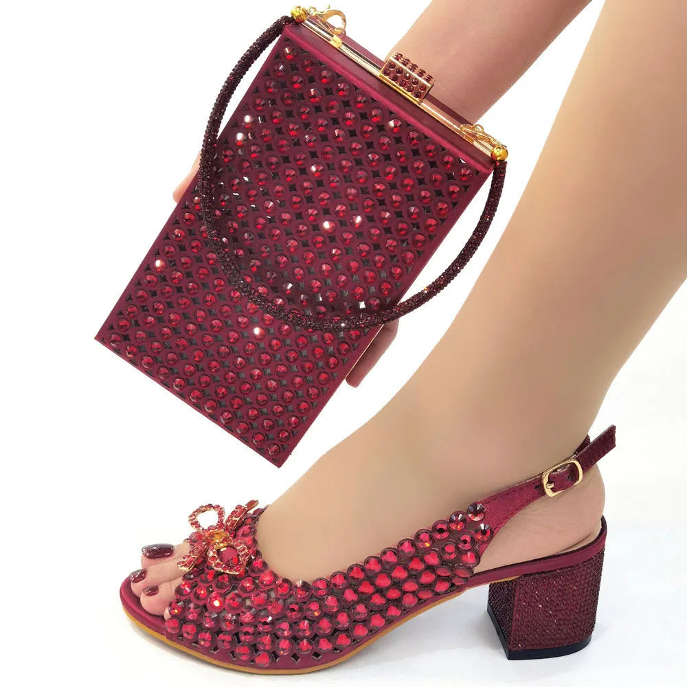 Italian Design Full Drill Elegant Wine Evening High Heels Wedding Party Shoes Matching Clutch Handbag
