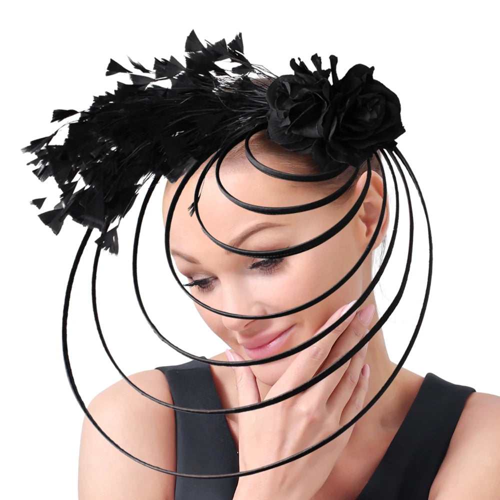 Gold Fascinator Hat Wedding Church Headpiece Women Formal Event Tea Chapeau Cap party elegant bride Feather Millinery Femme