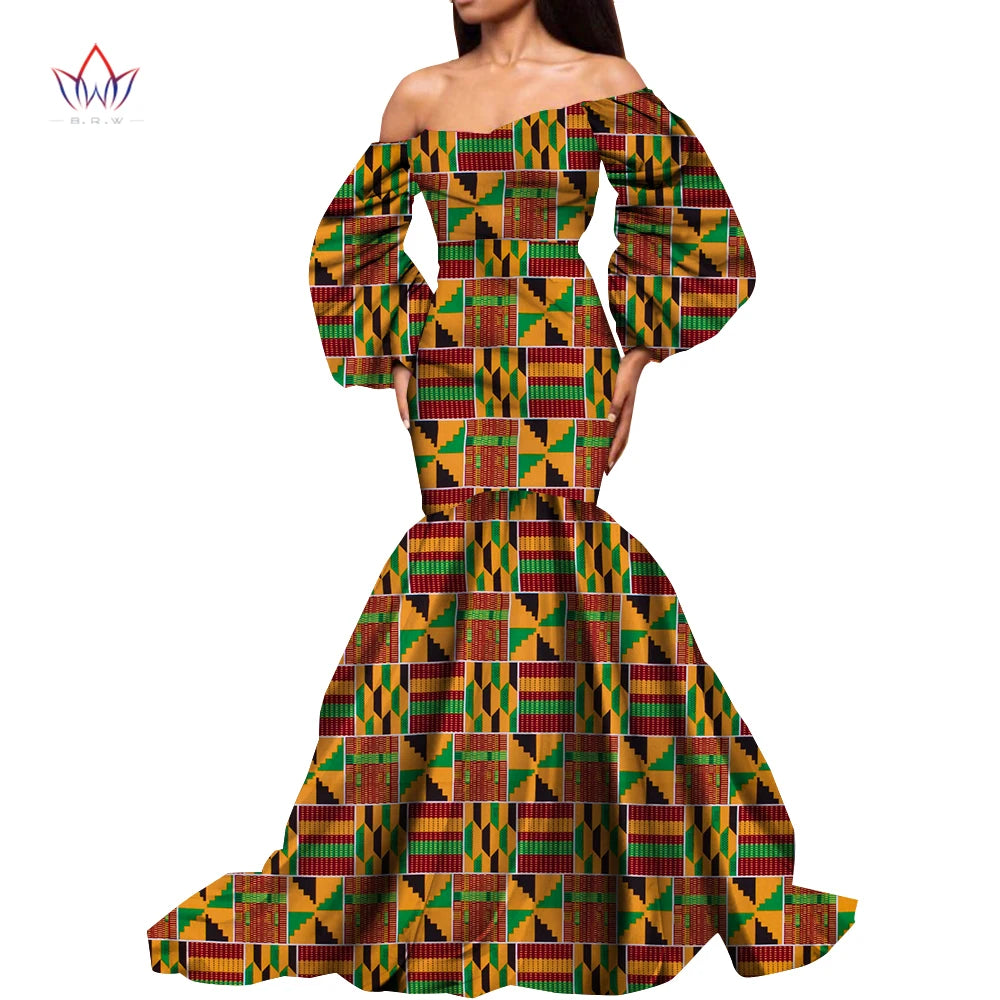 Dashiki African Dresses for Women Daily Party Wedding African Women Dresses Floor-Length Long Puff Sleeve Bandeau Dress Kg1092