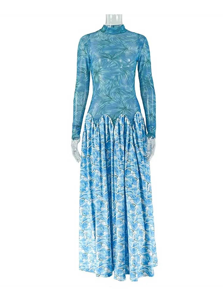 Robe longue femme automne bleu clair, manches longues, taille ajustée, col mi-montant, chic élégante, tenue de soirée
