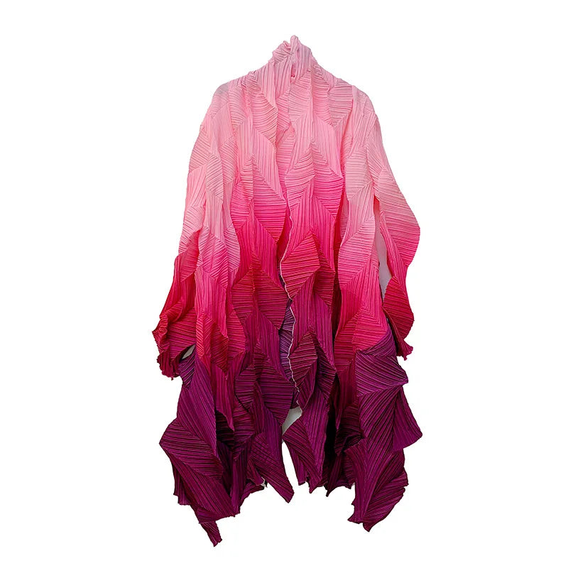 Women's Miyake Pleated Gradient Cardigan Cape Jacket | Loose Mid-Length Autumn Coat 2025 | AvantBah