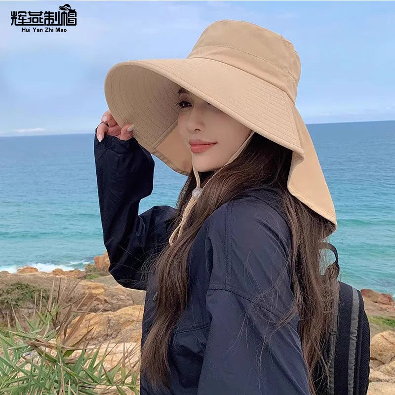 1pc Women Sun Hat Anti Hiking Fishing Hats Wide Brim Foldable Summer Beach Hat with Neck Cover Outdoor Visor Caps