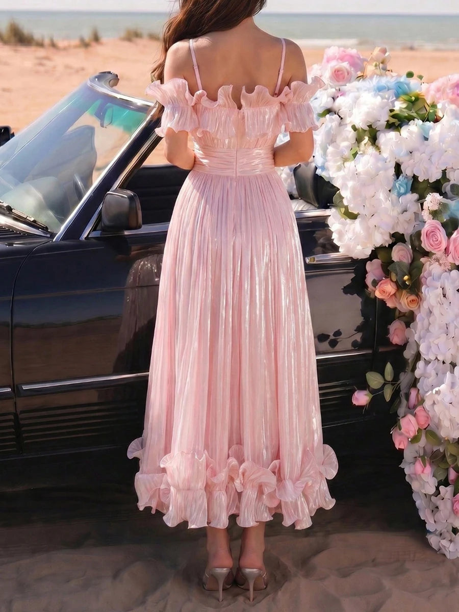 VGH Elegant Off Shoulder Ruffle Midi Maxi Dress for Women Shiny Pleated Waistband Back Zipper for Formal Prom Evening Party Gown