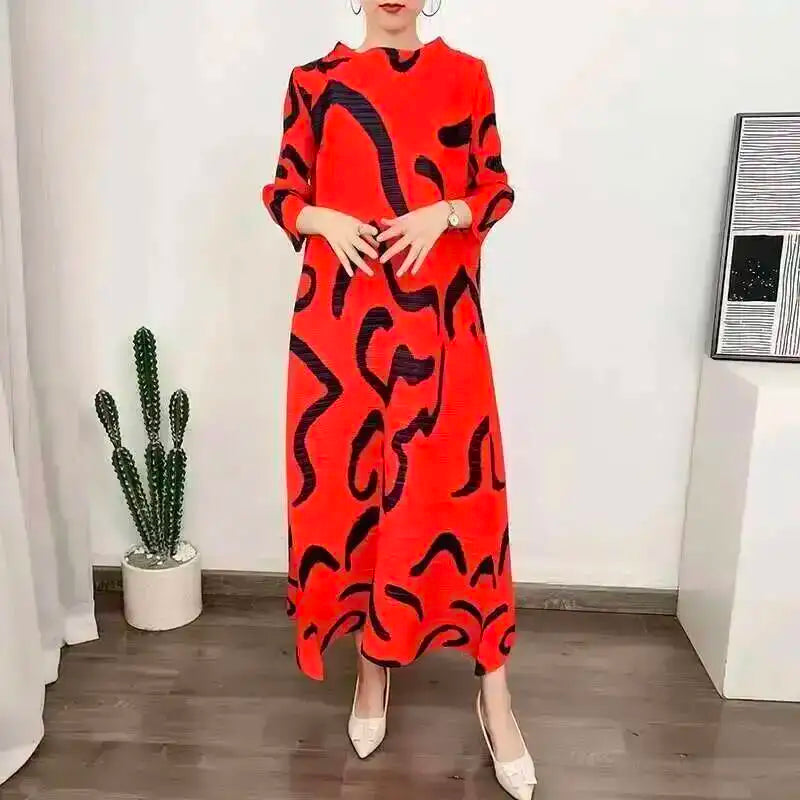 LANMREM Color Block Pleated Dress Women Loose Style Long Length Fashion Dresses Festival Clothes 2024 Spring Summer New 2DA1028