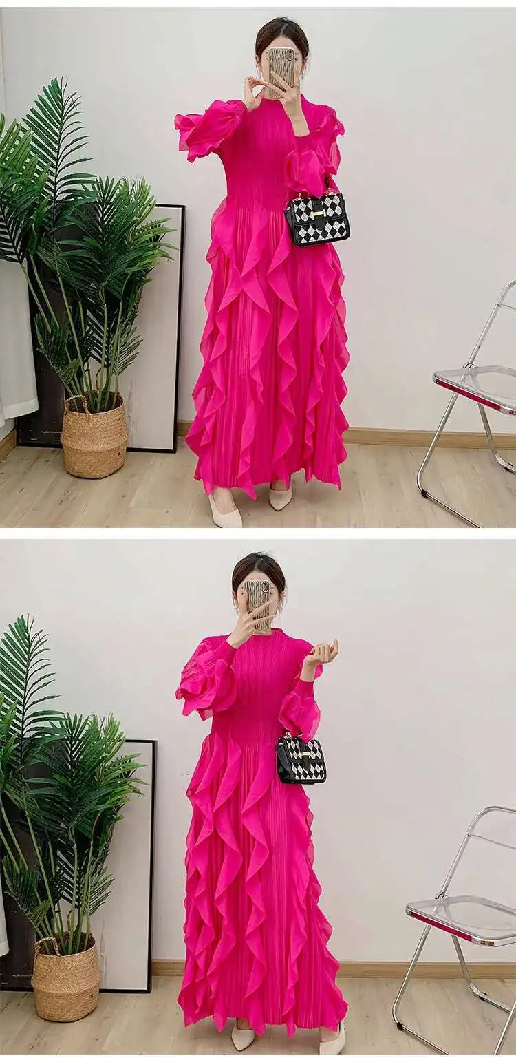 LANMREM Elegant Pleated Dress For Women Stand Collar Puff Sleeves High Stretch Personalized Dresses 2025 Spring New 2Z2817