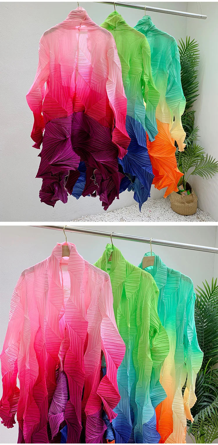 Women's Miyake Pleated Gradient Cardigan Cape Jacket | Loose Mid-Length Autumn Coat 2025 | AvantBah