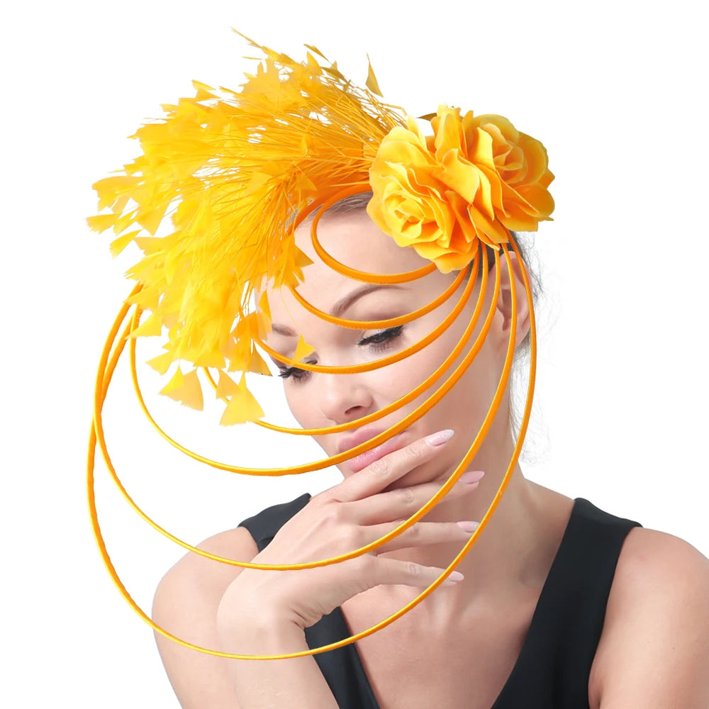 Gold Fascinator Hat Wedding Church Headpiece Women Formal Event Tea Chapeau Cap party elegant bride Feather Millinery Femme
