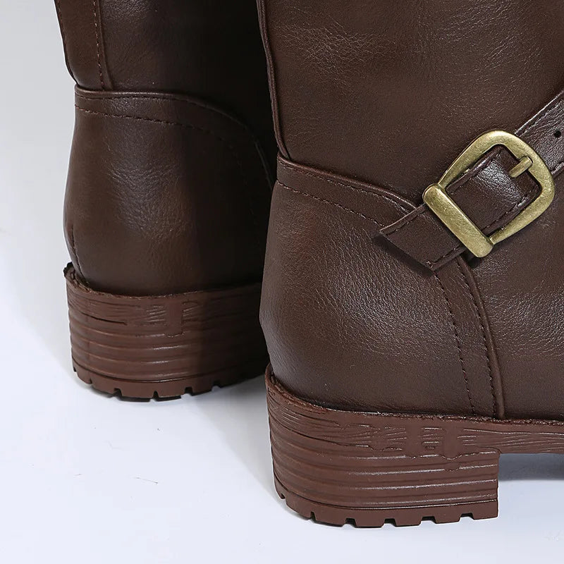 Women Knee High Boots Platform Long Boots Low Heels Round Toe Shoes New Zip Brown High Boot Vintage Pu Leather Women Boots 2025