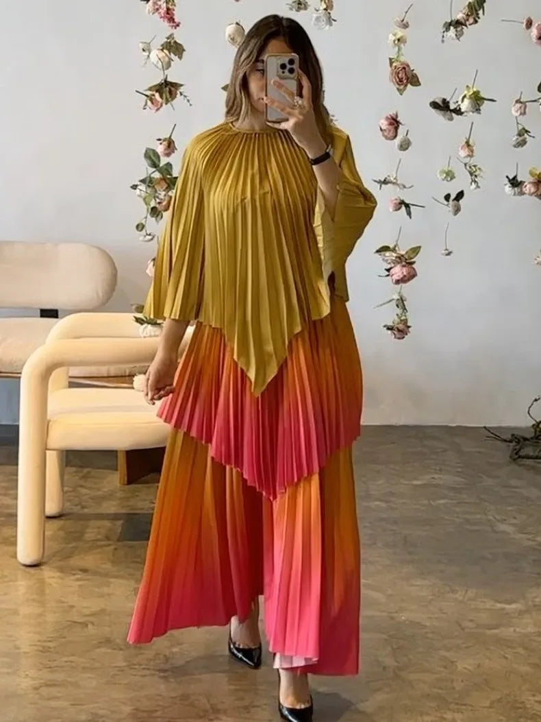 Women's Gradient Pleated Two-Piece Set | Irregular Top & High-Waist A-Line Skirt | Plus Size | AvantBah