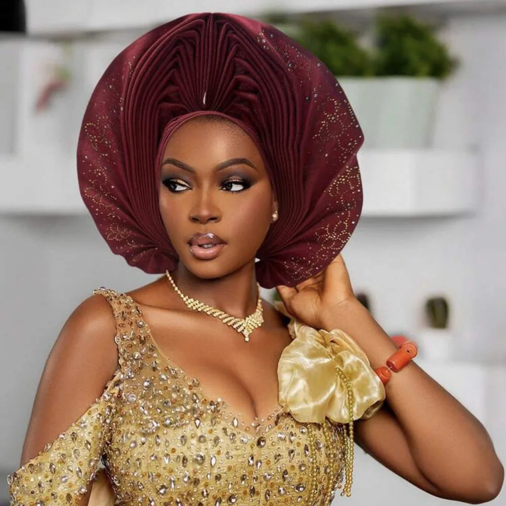 Pre-Made African Auto Gele Turban Cap | Nigerian Wedding Headpiece & Head Wrap | AvantBah