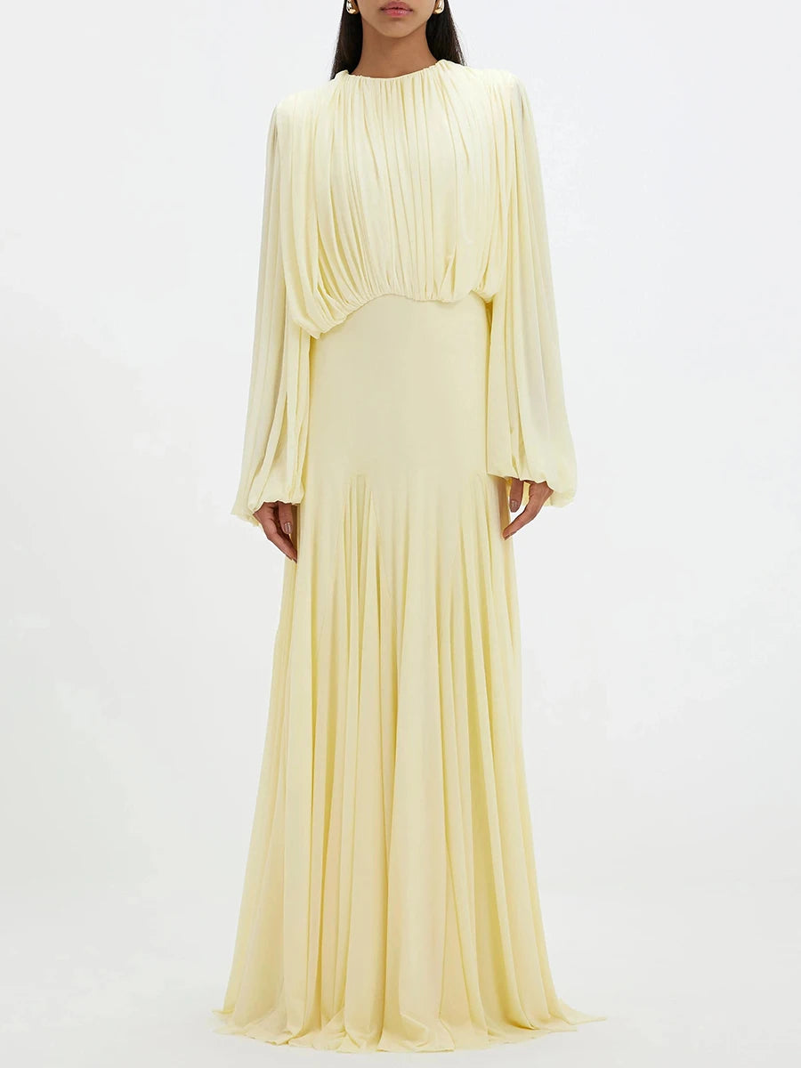 VGH Yellow Dinner Loose Folds Maxi Dresses for Women O Neck Shoulder Pud High Waist Temperament Dress Female Fashion Clothing