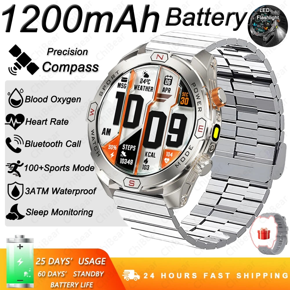 Military Grade 1200 mAh Battery Smart Watch Men LED Flashlight Outdoor Sports Fitness Tracker Compass Bluetooth Call Smartwatch