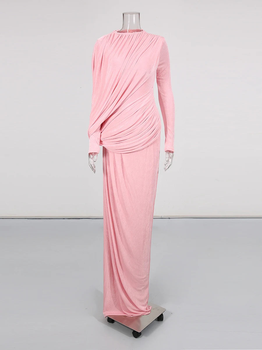 Spliced Folds Irregular Women Round Neck Long Sleeves Tunic Design Sense Long Dress