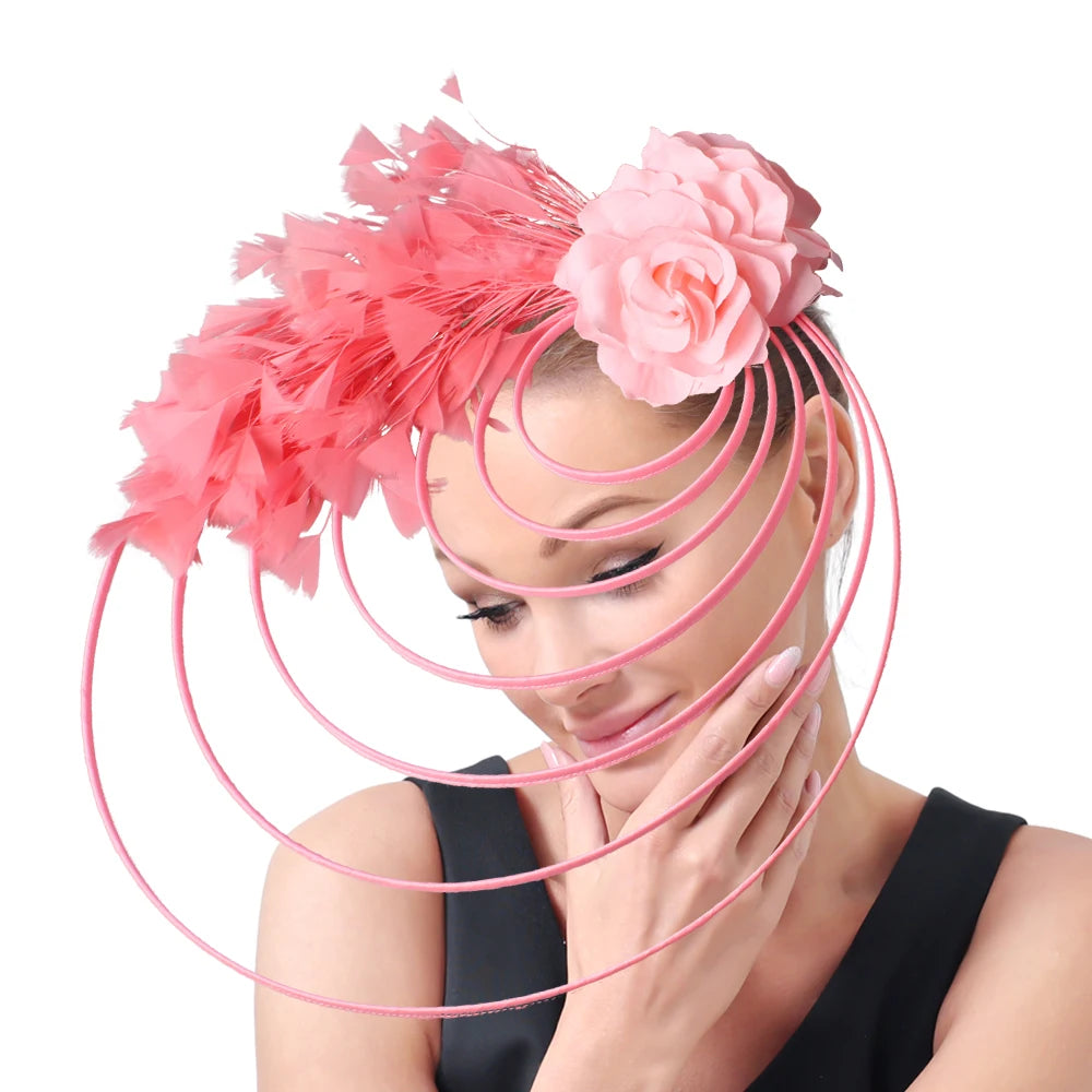 Gold Fascinator Hat Wedding Church Headpiece Women Formal Event Tea Chapeau Cap party elegant bride Feather Millinery Femme