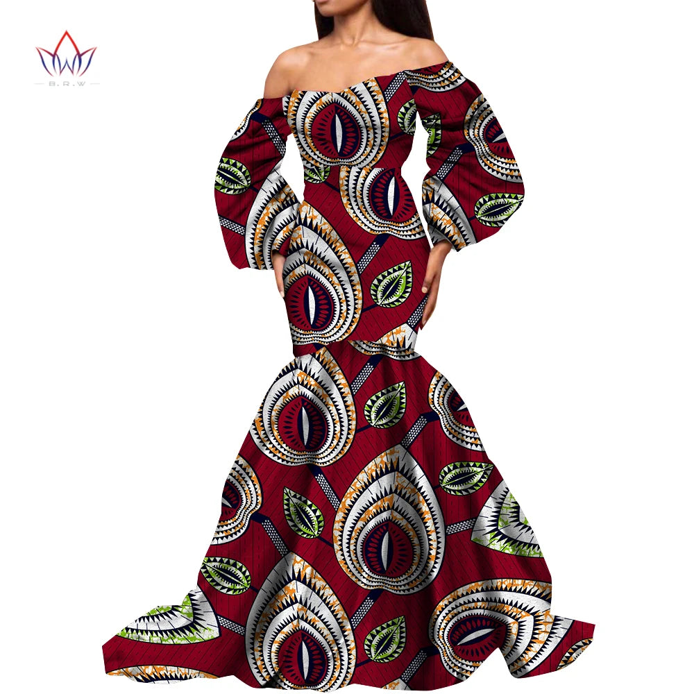 Dashiki African Dresses for Women Daily Party Wedding African Women Dresses Floor-Length Long Puff Sleeve Bandeau Dress Kg1092