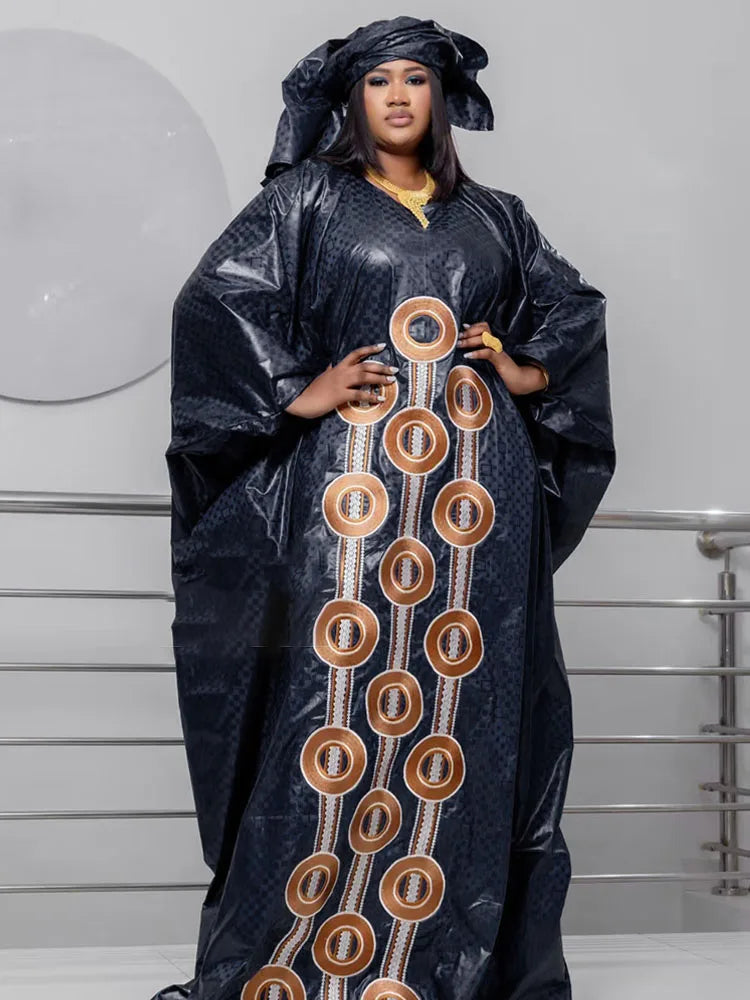 Bazin Long Embroidered African Dresses for Women for Elegant Evening Events and Balls